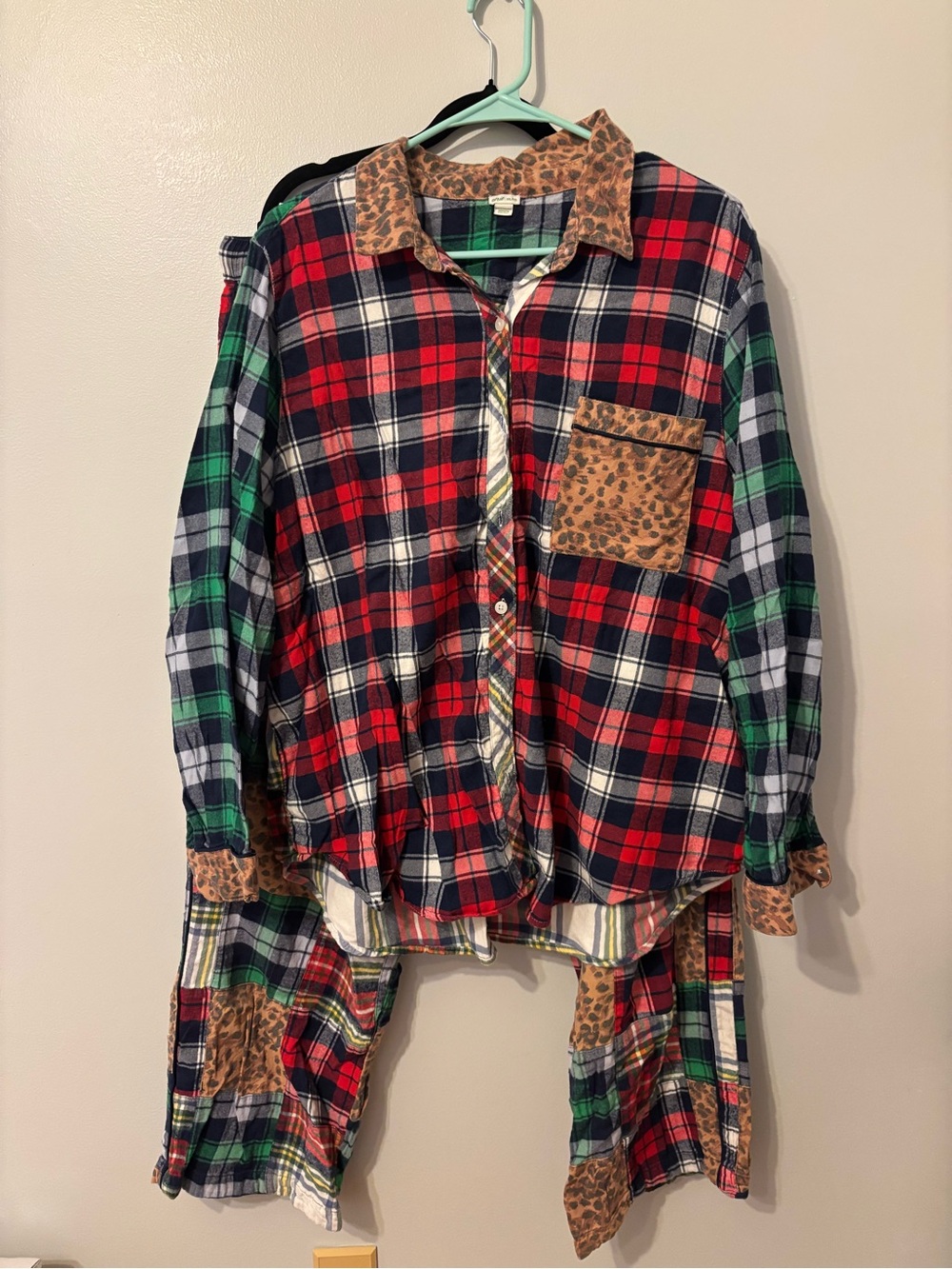 aerie Green and Navy Plaid Shirt with Leopard Trim